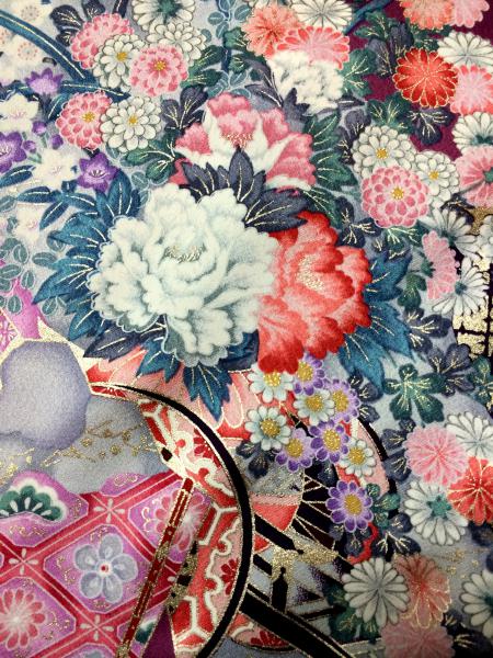 Kimono Dress Purple Furisode [Floral,Crane,Fan]7