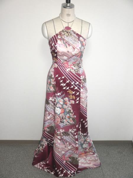 Kimono Dress Purple Furisode [Floral,Crane,Fan]10