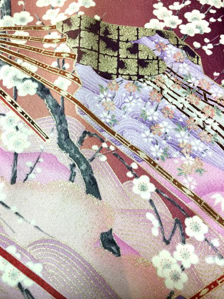 Kimono Dress Purple Furisode [Floral,Crane,Fan]8