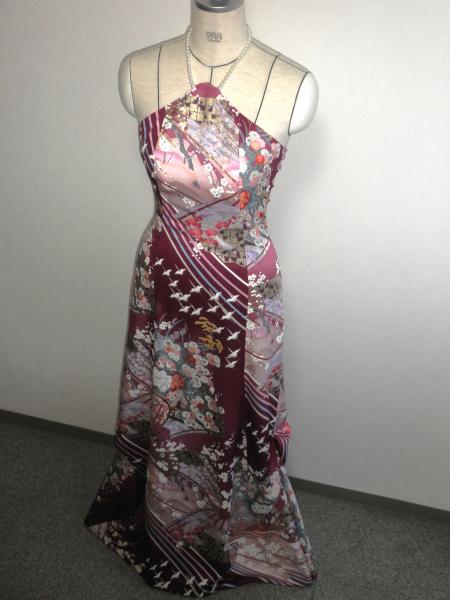 Kimono Dress Purple Furisode [Floral,Crane,Fan]12