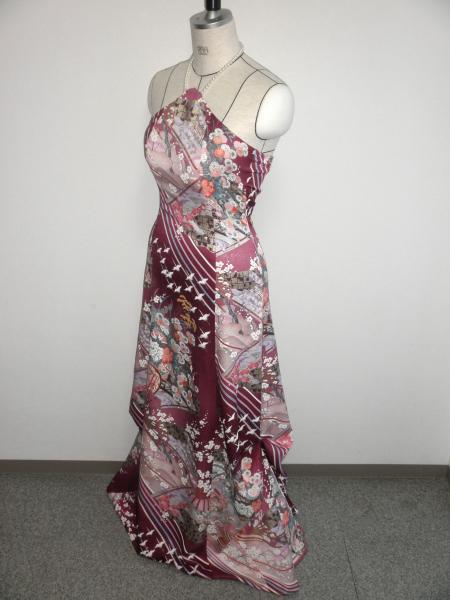 Kimono Dress Purple Furisode [Floral,Crane,Fan]14