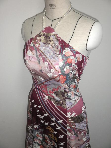 Kimono Dress Purple Furisode [Floral,Crane,Fan]16