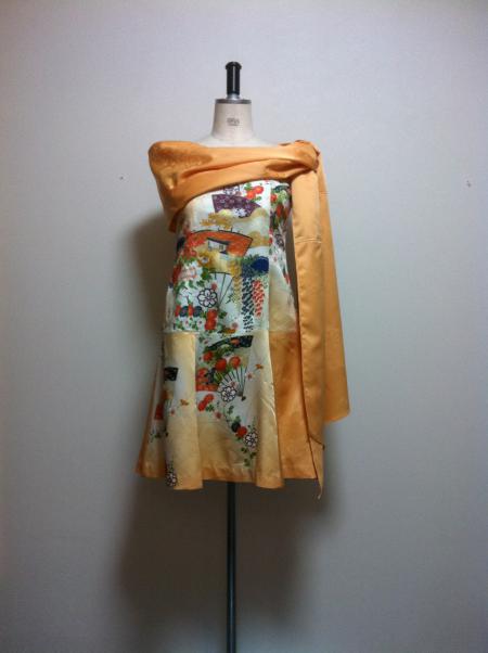 Kimono Dress Orange Komon-Short [Floral,Fan]6