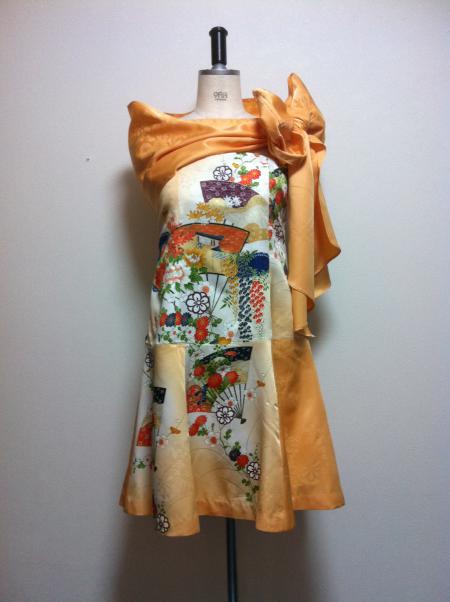 Kimono Dress Orange Komon-Short [Floral,Fan]8