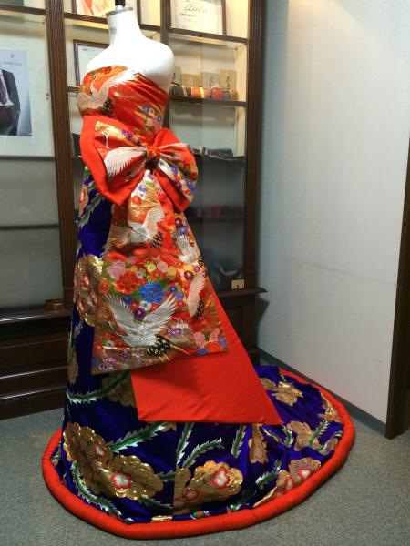Kimono Dress Red-Blue Uchikake [Crane-Floral]3