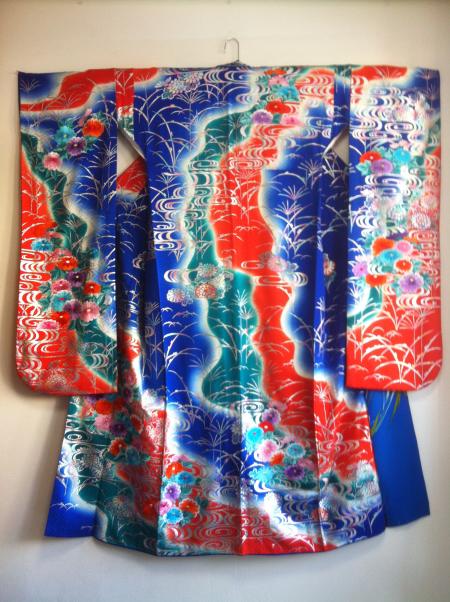 Kimono Dress Blue Red Furisode [Floral]24