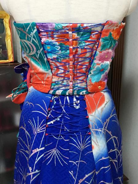 Kimono Dress Blue Red Furisode [Floral]47