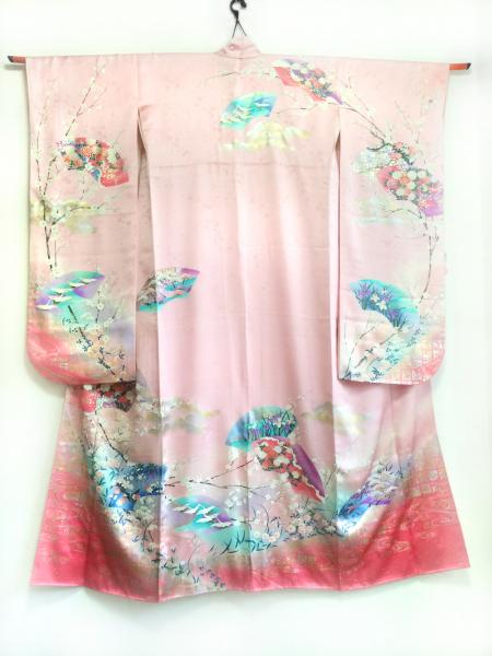 Kimono Dress Pink Furisode Obi [Floral,Fan]24