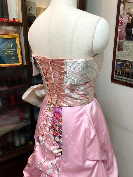 Kimono Dress Pink Furisode Obi [Floral,Fan]20
