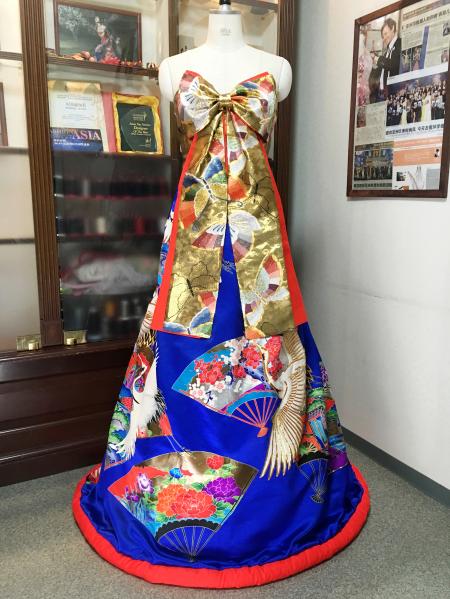 Kimono Dress Blue Gold Uchikake obi [Crane,Fan]1