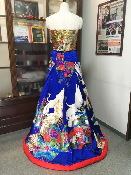 Kimono Dress Blue Gold Uchikake obi [Crane,Fan]12