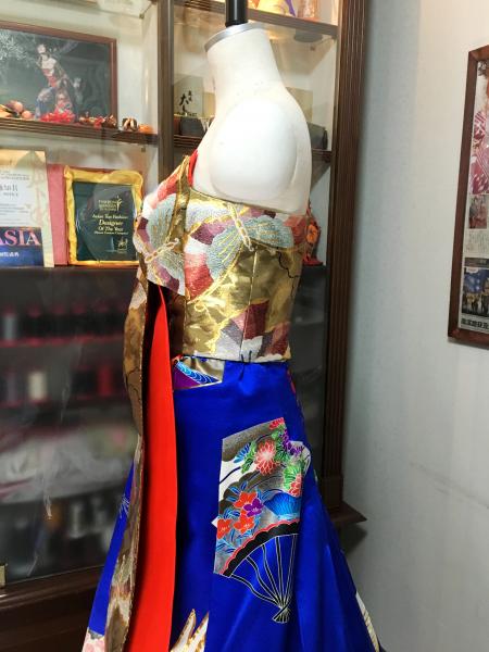 Kimono Dress Blue Gold Uchikake obi [Crane,Fan]15