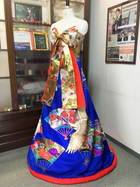 Kimono Dress Blue Gold Uchikake obi [Crane,Fan]16