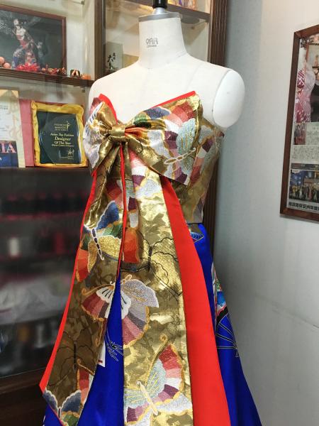 Kimono Dress Blue Gold Uchikake obi [Crane,Fan]17