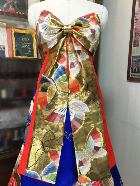 Kimono Dress Blue Gold Uchikake obi [Crane,Fan]3