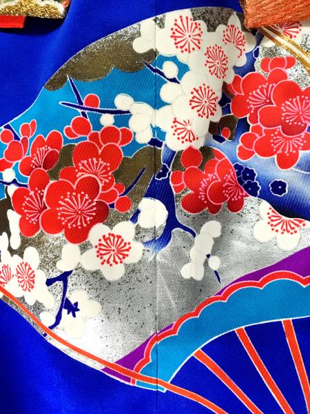 Kimono Dress Blue Gold Uchikake obi [Crane,Fan]4
