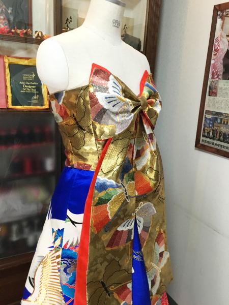 Kimono Dress Blue Gold Uchikake obi [Crane,Fan]6