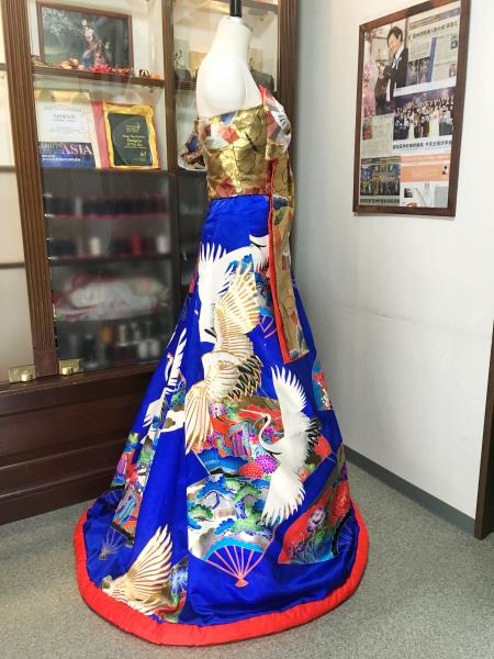 Kimono Dress Blue Gold Uchikake obi [Crane,Fan]8