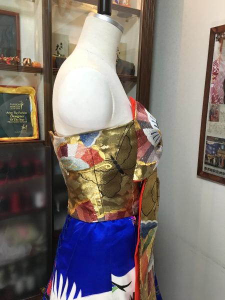 Kimono Dress Blue Gold Uchikake obi [Crane,Fan]9