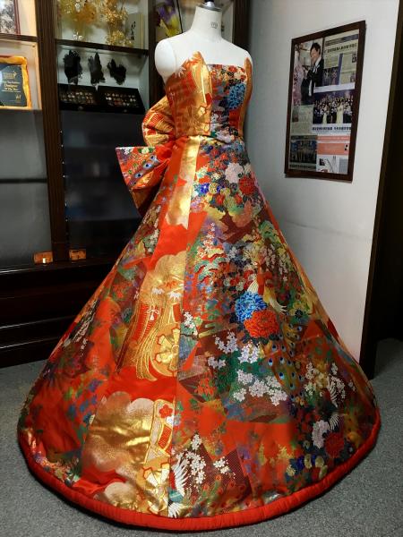 Kimono Dress Orange Uchikake [Bird,Floral]3