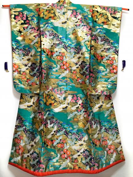 Kimono Dress Green Uchikake [Crane-Floral]36