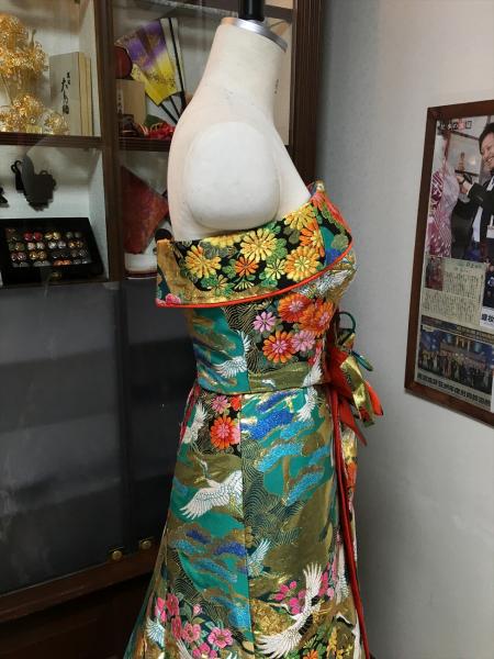 Kimono Dress Green Uchikake [Crane-Floral]53