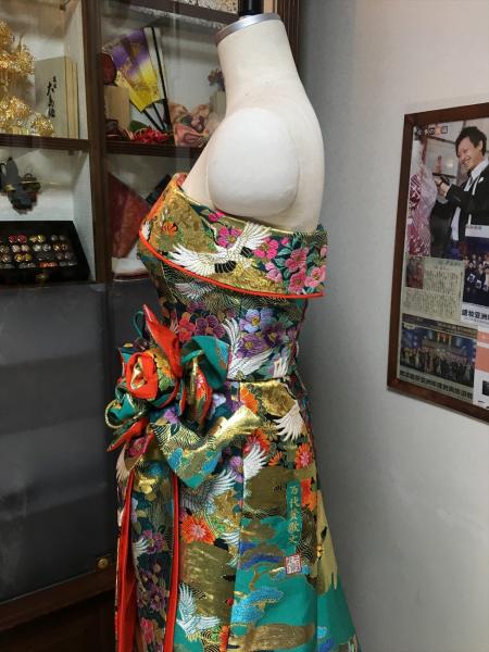 Kimono Dress Green Uchikake [Crane-Floral]44