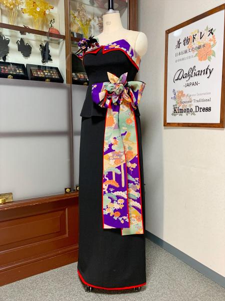 Japanese Kimono Dress Black Furisode [Floral]13