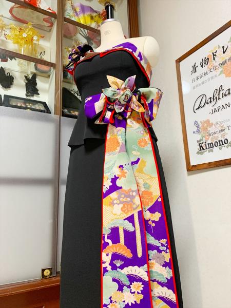 Japanese Kimono Dress Black Furisode [Floral]14