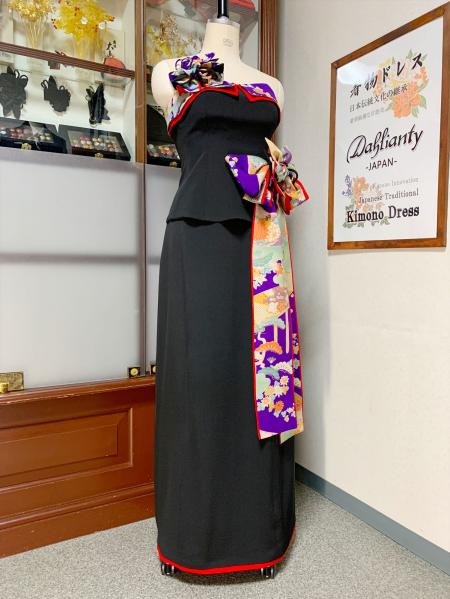 Japanese Kimono Dress Black Furisode [Floral]6