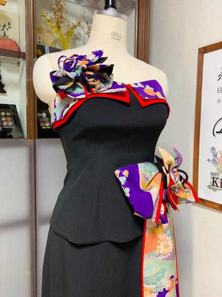Japanese Kimono Dress Black Furisode [Floral]7