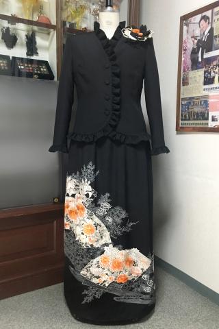 Japanese Tomesode Dress Black , Orange Two pieces [Flower,Fan]