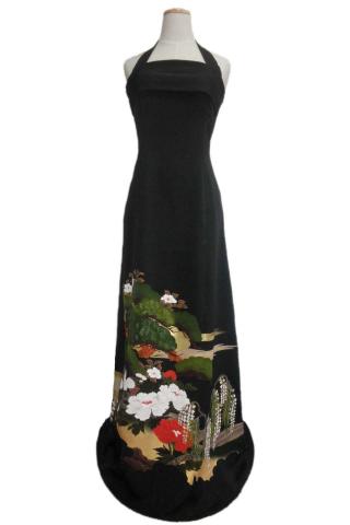 Japanese Kimono Dress Black Tomesode [Floral,Tree]