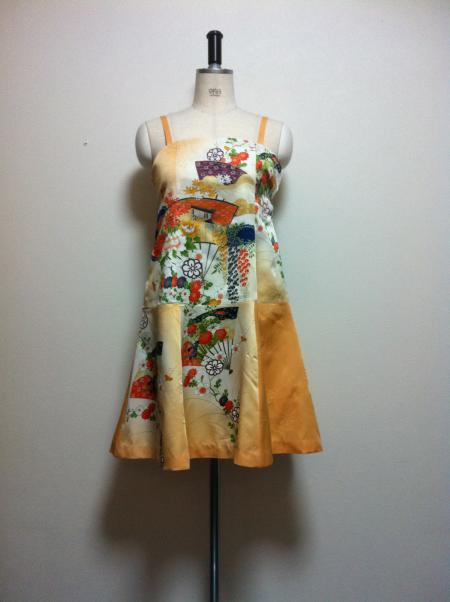 Kimono Dress Orange Komon-Short [Floral,Fan]1