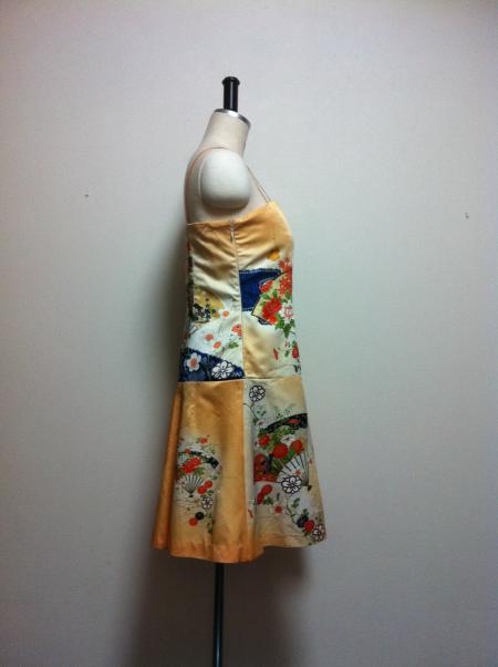 着物ドレス オレンジ 小紋 ショート丈 [花、扇]3