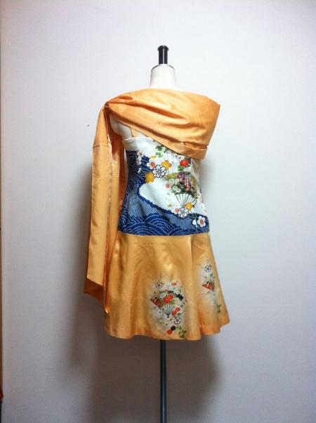 着物ドレス オレンジ 小紋 ショート丈 [花、扇]7