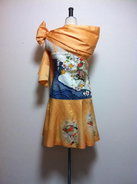 着物ドレス オレンジ 小紋 ショート丈 [花、扇]9