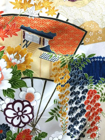 Kimono Dress Orange Komon Short Length [Floral,Fan]17