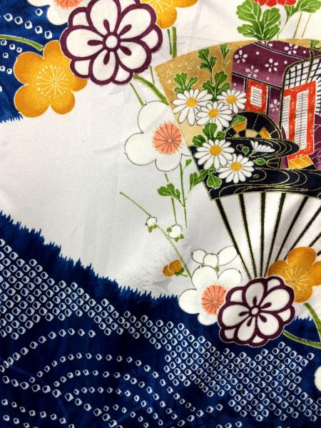 Kimono Dress Orange Komon Short Length [Floral,Fan]18