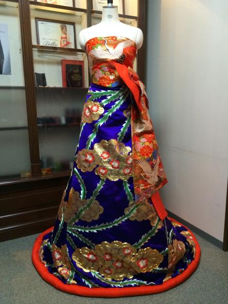 Kimono Dress Red-Blue Uchikake [Crane-Floral]1