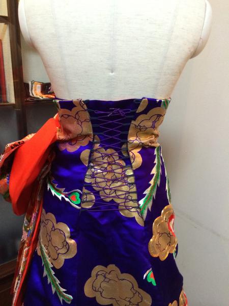 Kimono Dress Red-Blue Uchikake [Crane-Floral]17