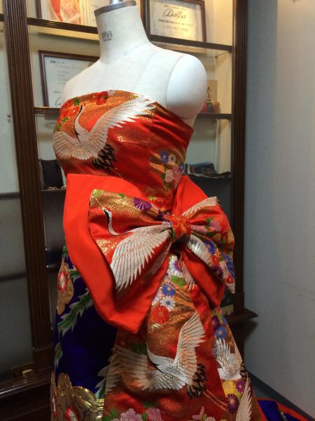 Kimono Dress Red-Blue Uchikake [Crane-Floral]5