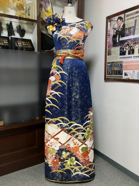 Kimono Dress Navy Blue Furisode [Floral]1