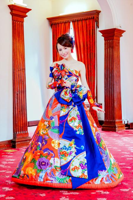 着物ドレス 青・赤 打掛 [鳥、花]48