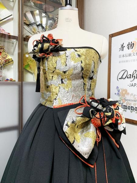 着物ドレス 黒・金・銀 打掛 [蝶、花、兎]2