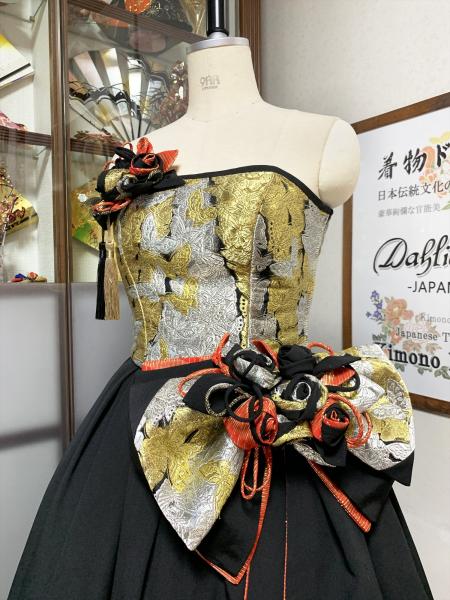 着物ドレス 黒・金・銀 打掛 [蝶、花、兎]8