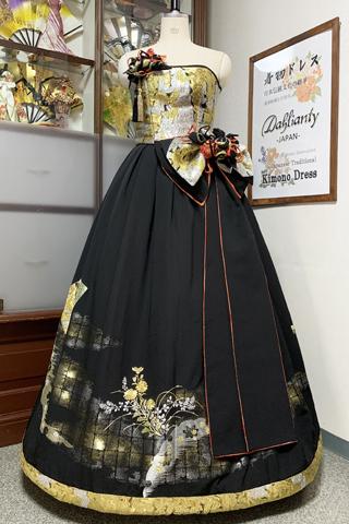 着物ドレス 黒・金・銀 打掛 [蝶、花、兎]