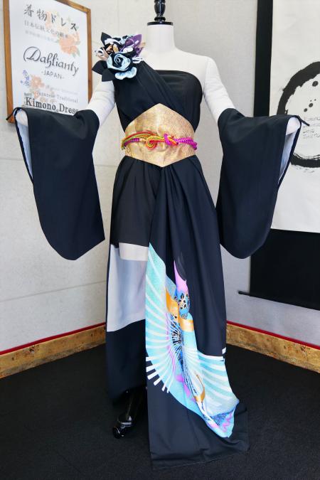 着物ドレス 黒・水色 留袖 ワンピース [鶴]5