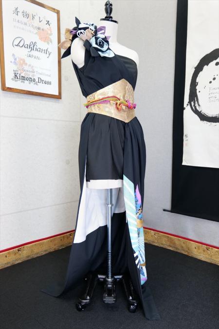 着物ドレス 黒・水色 留袖 ワンピース [鶴]14