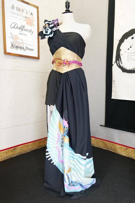 着物ドレス 黒・水色 留袖 ワンピース [鶴]7